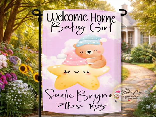 Personalized welcome home baby girl garden flag with sleepy teddy bear and star design