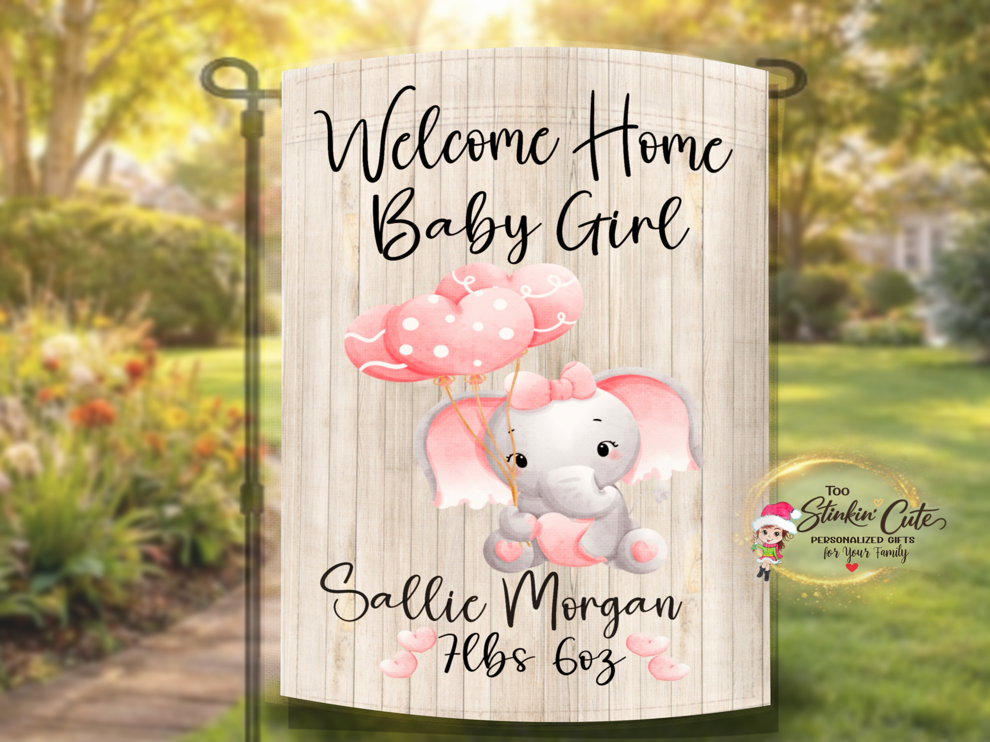 Baby girl garden flag with elephant balloons and custom newborn details