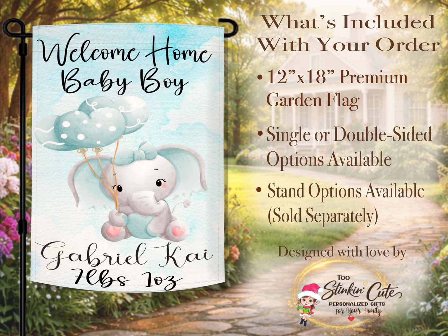 Welcome home baby boy garden flag with blue watercolor background and balloons