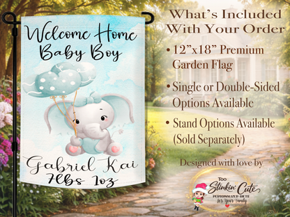 Welcome home baby boy garden flag with blue watercolor background and balloons