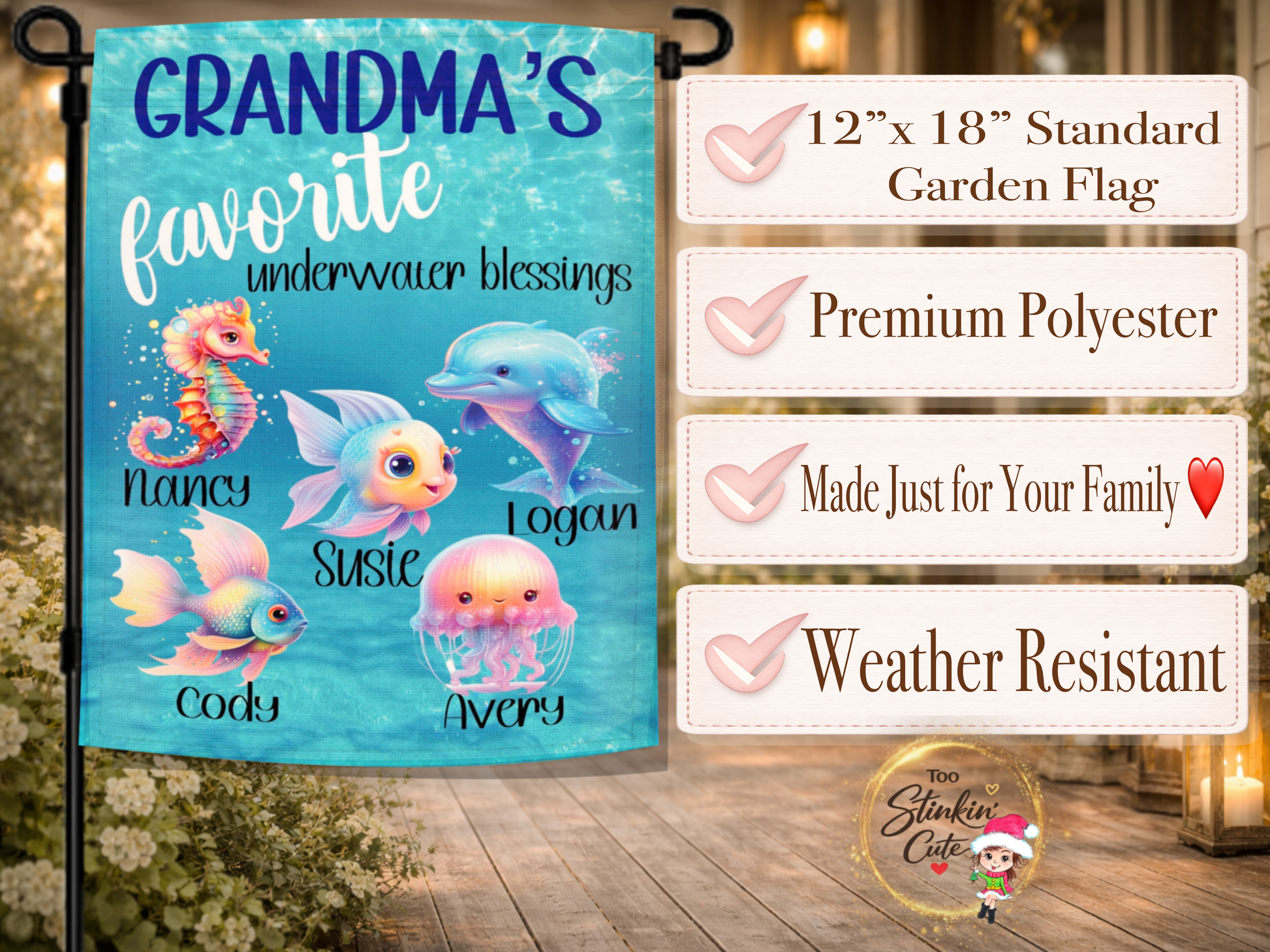Custom grandmother outdoor flag featuring underwater blessings theme