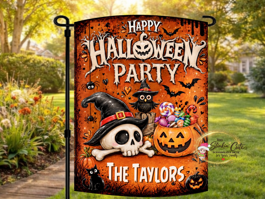 Personalized Happy Halloween Party garden flag featuring a witch skull, candy pumpkin, owl, bats, and custom family name.