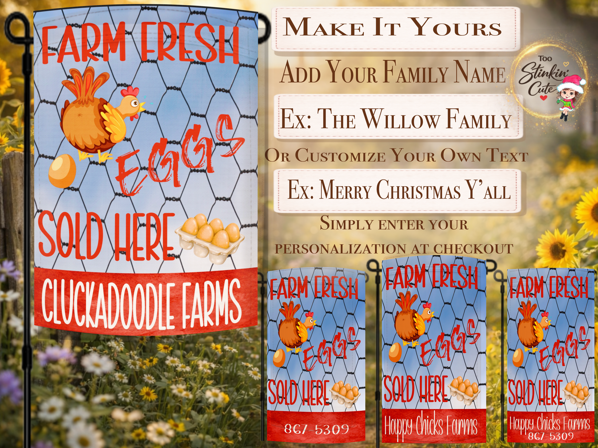 Rustic farmhouse chicken flag for fresh eggs stand décor
