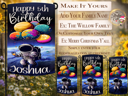 Custom space birthday yard flag for kids with astronaut floating above Earth
