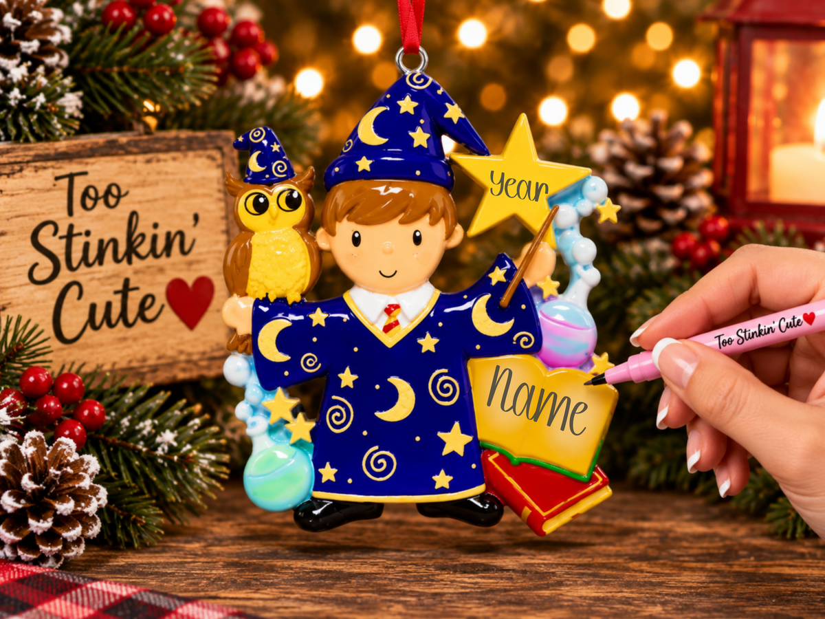 Personalized wizard student Christmas keepsake for fantasy readers and magic lovers.