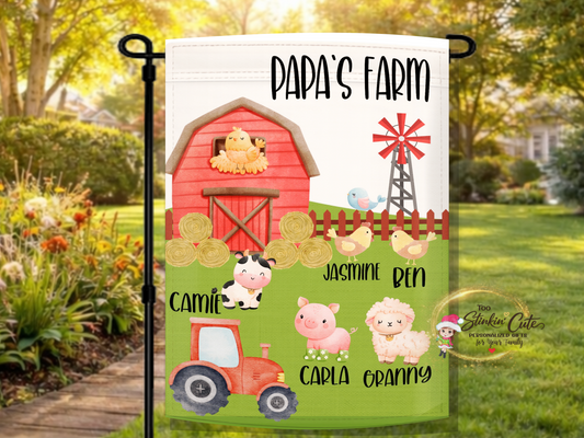 Personalized Papa’s Farm garden flag with barnyard animal family design