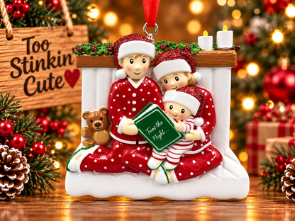 Family of three Christmas ornament featuring two parents and a child reading a green holiday storybook.