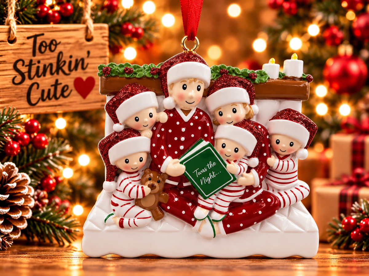 Family of six Christmas story ornament hanging from a red ribbon beside a wooden Too Stinkin’ Cute sign.