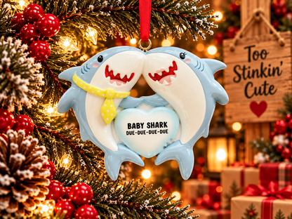 Two blue sharks with cream-colored bellies, rosy cheeks, and open smiles beside a pale blue heart.
