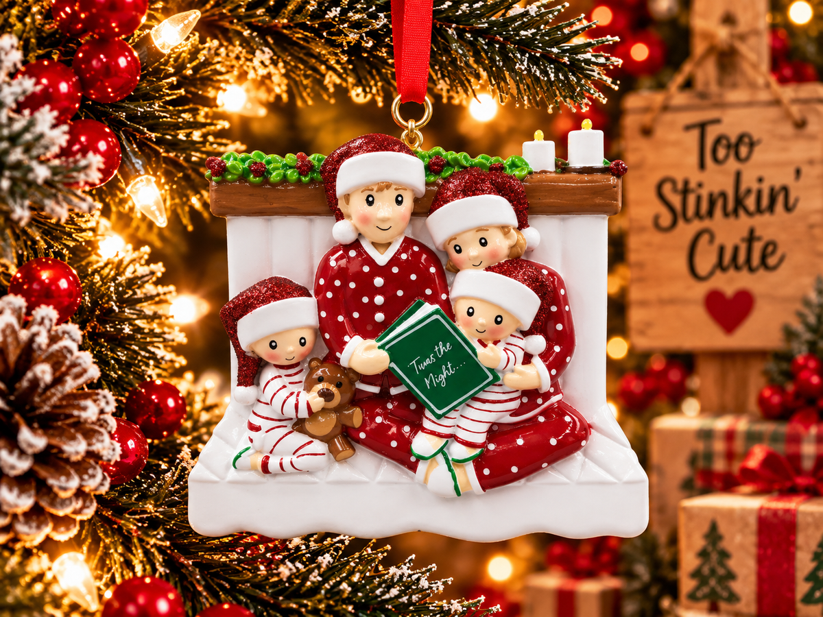 Family bedtime reading ornament hanging from a red ribbon beside a wooden Too Stinkin’ Cute sign.