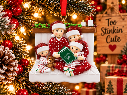 Family bedtime reading ornament hanging from a red ribbon beside a wooden Too Stinkin’ Cute sign.