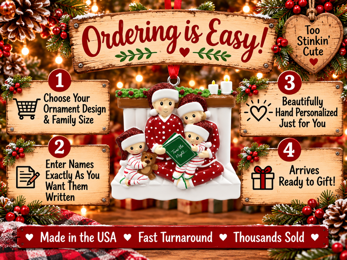 Christmas storytime family ornament with glittery red Santa hats and a child holding a brown teddy bear.
