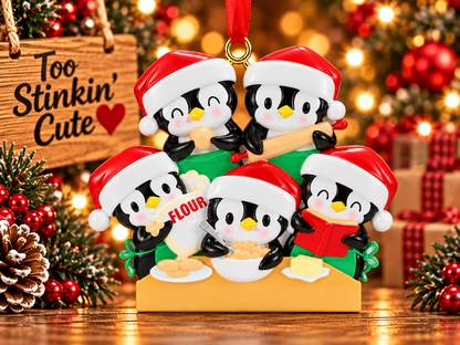 Christmas penguin family ornament with two penguins in the top row and three in the bottom row.