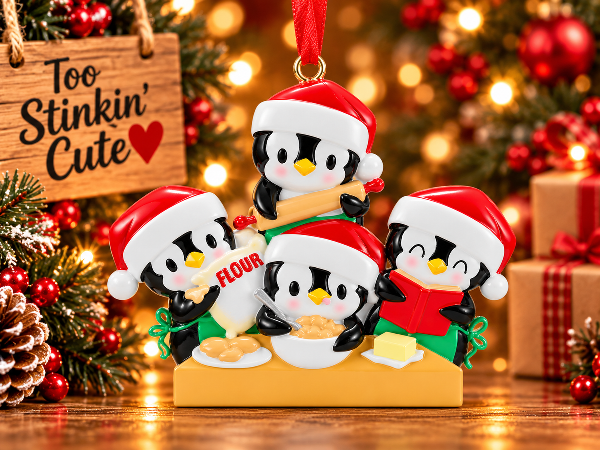 Penguin baking family of four Christmas ornament with red Santa hats and green aprons.