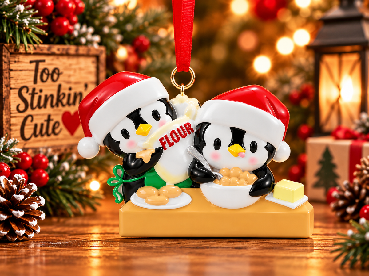 Two penguins baking Christmas ornament wearing red Santa hats behind a golden-colored kitchen counter.
