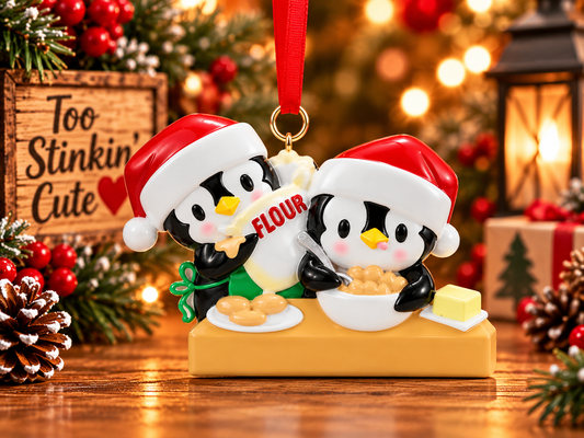 Two penguins baking Christmas ornament wearing red Santa hats behind a golden-colored kitchen counter.