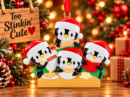 Penguin baking family of four Christmas ornament with red Santa hats and green aprons.