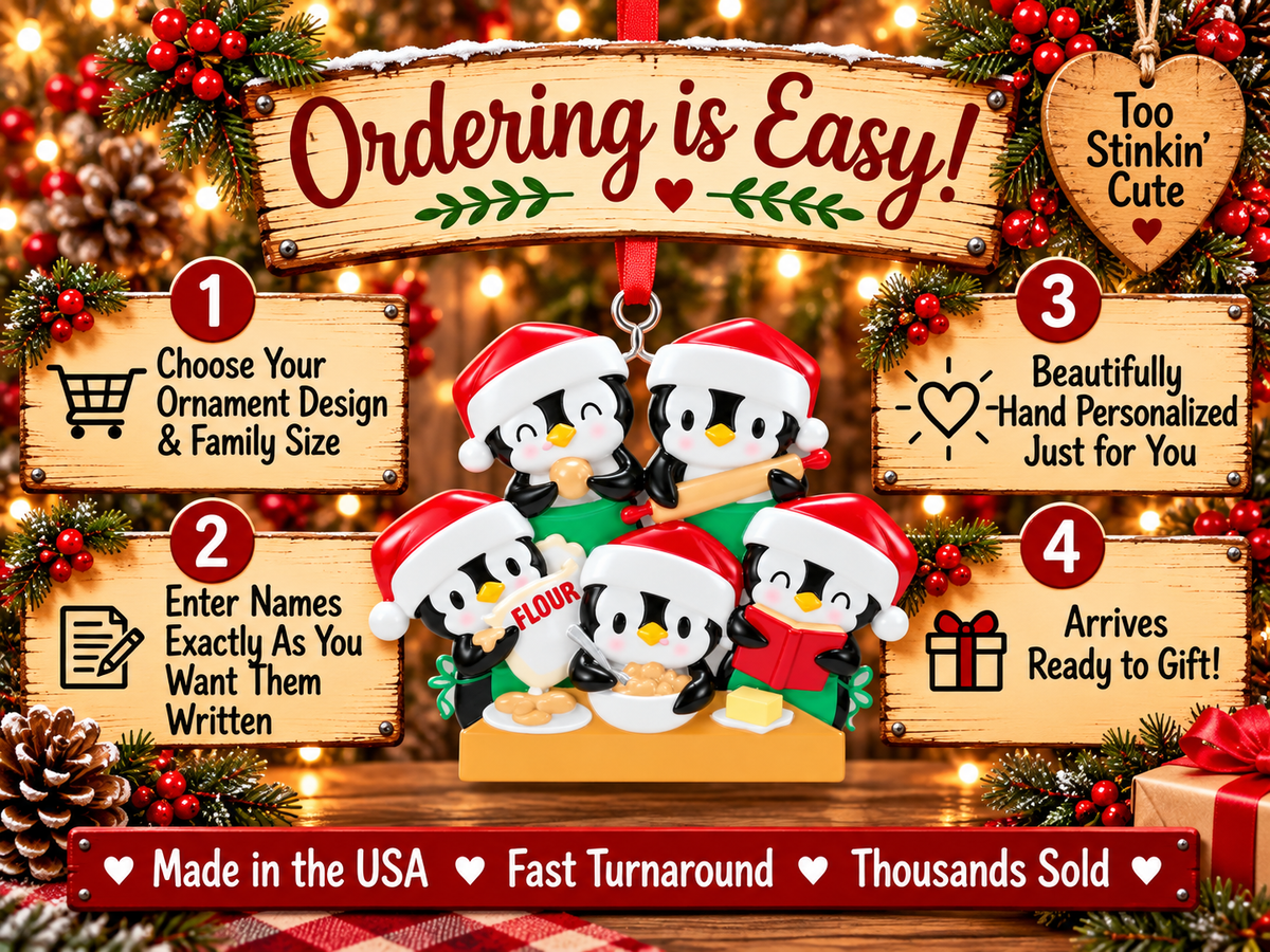 Five penguin bakers arranged in two rows above a golden orange counter with cookies and butter.