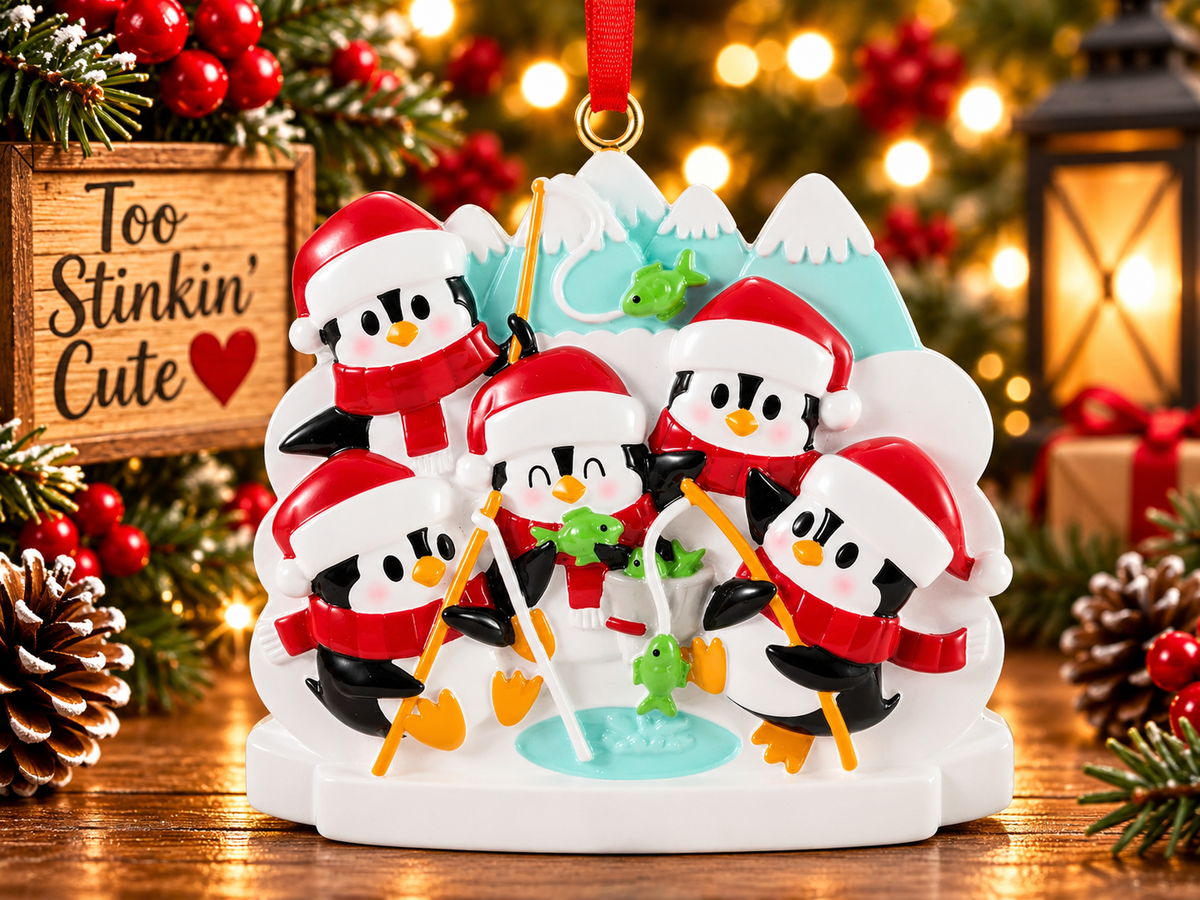 Family of five penguin ornament featuring an ice fishing scene, green fish, and snowcapped mountains.