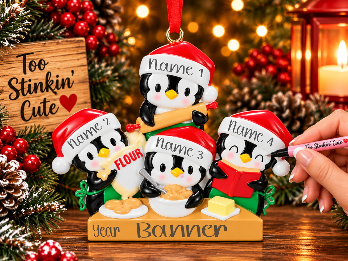Four penguin bakers with a rolling pin, flour bag, mixing bowl, and red recipe book.