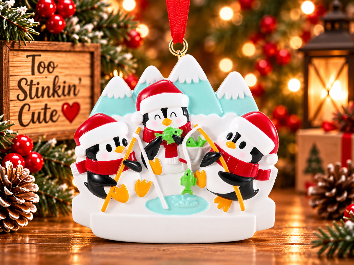 Three penguins ice fishing Christmas ornament wearing red Santa hats and scarves beneath snowcapped blue mountains.