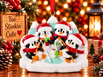 Festive penguins holding fishing poles with bright green fish and a small bucket in the center.