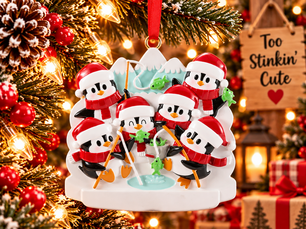 Festive penguins holding fishing poles and bright green fish beside a small bucket.