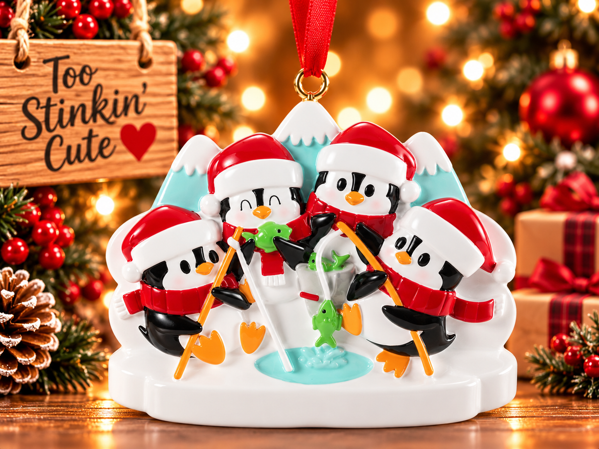 Penguin ice fishing family of four Christmas ornament featuring four penguins in red Santa hats and scarves.