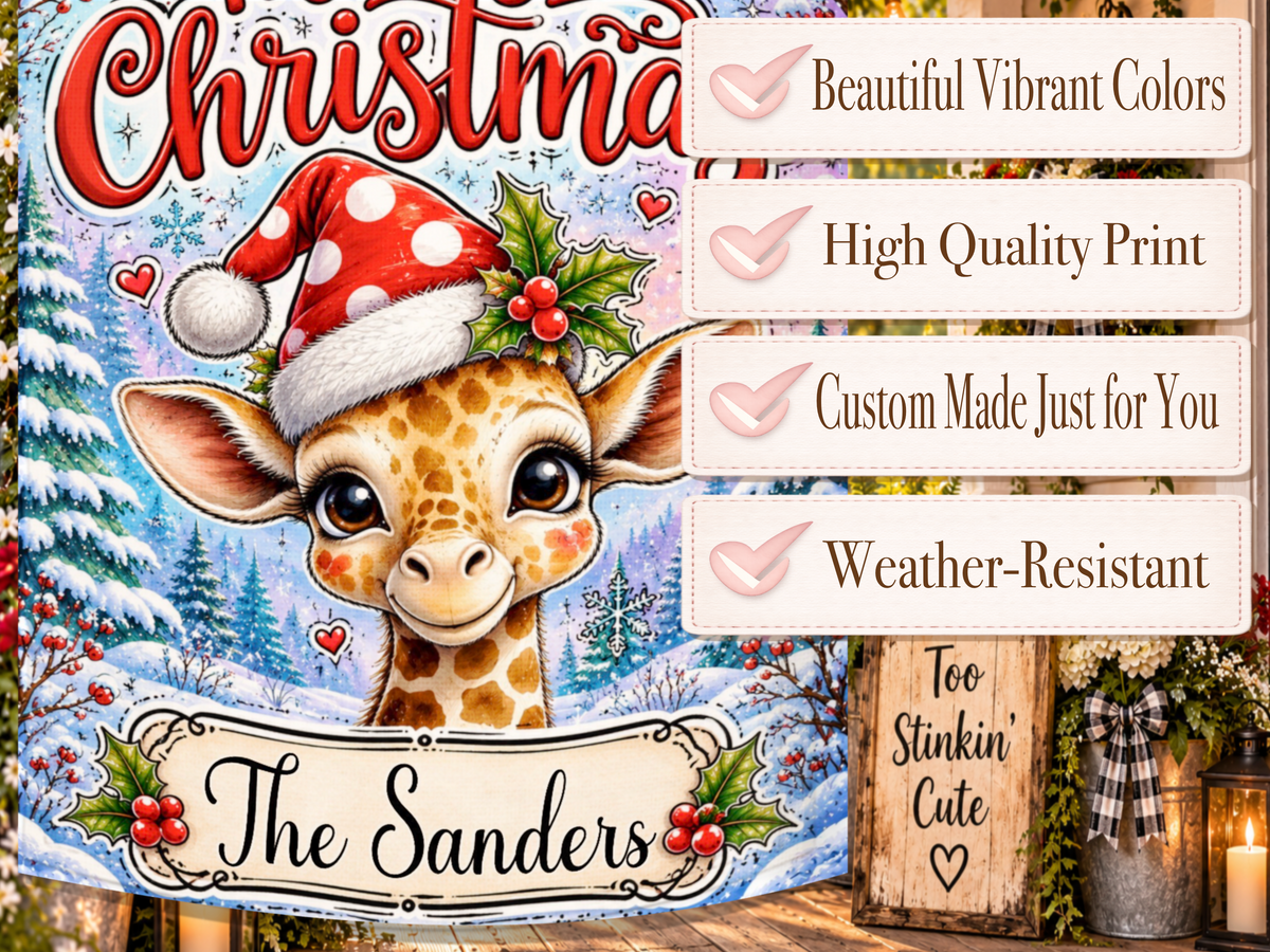 Whimsical giraffe Christmas garden flag featuring bold red Merry Christmas lettering against a colorful winter landscape.