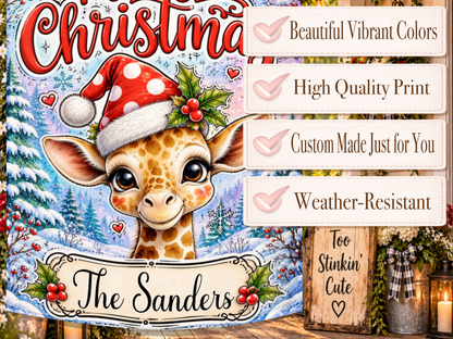 Whimsical giraffe Christmas garden flag featuring bold red Merry Christmas lettering against a colorful winter landscape.