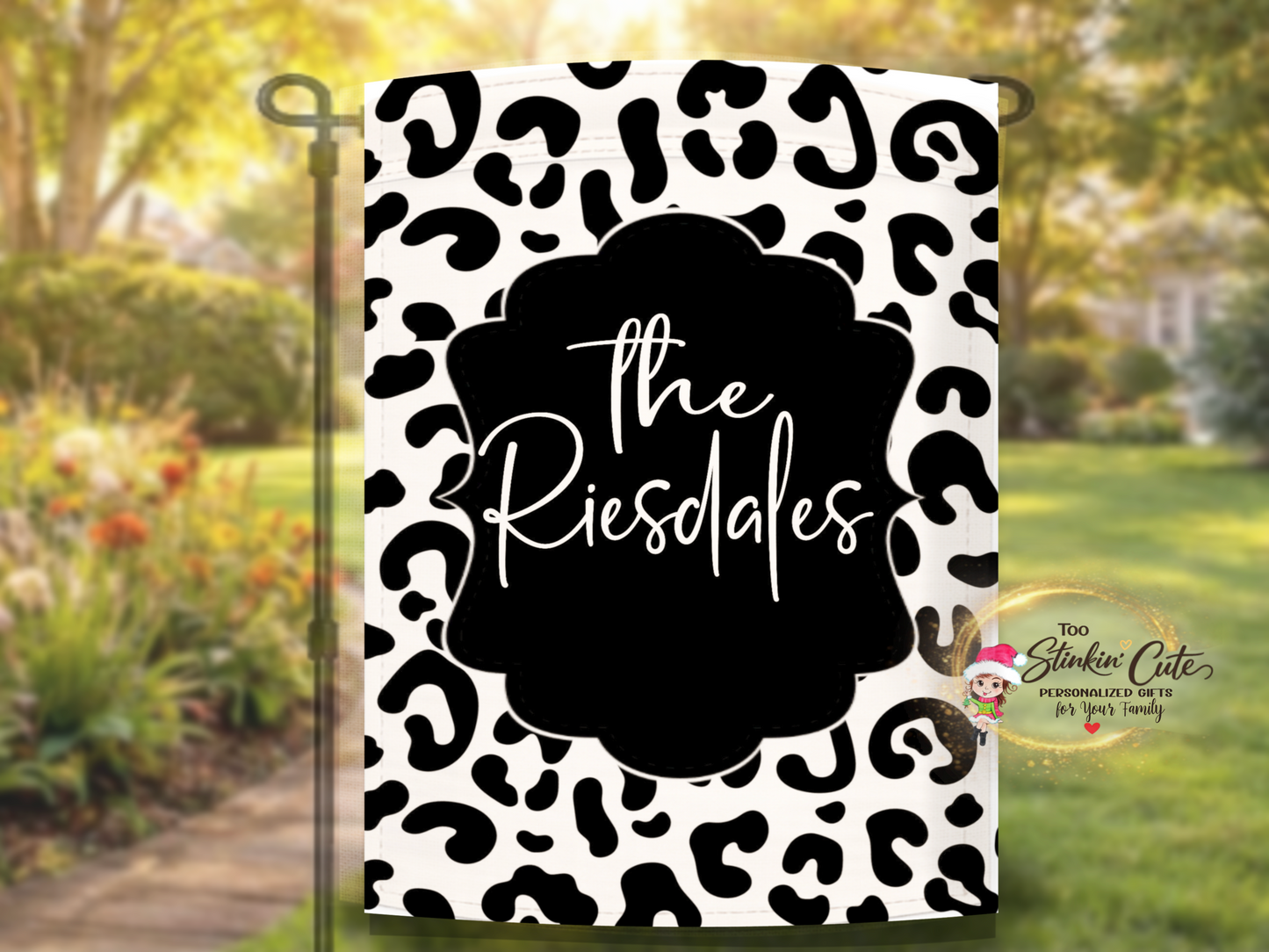 Neutral farmhouse garden flag with stylish leopard print pattern