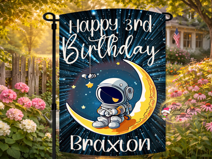 Personalized astronaut birthday garden flag with custom name and age