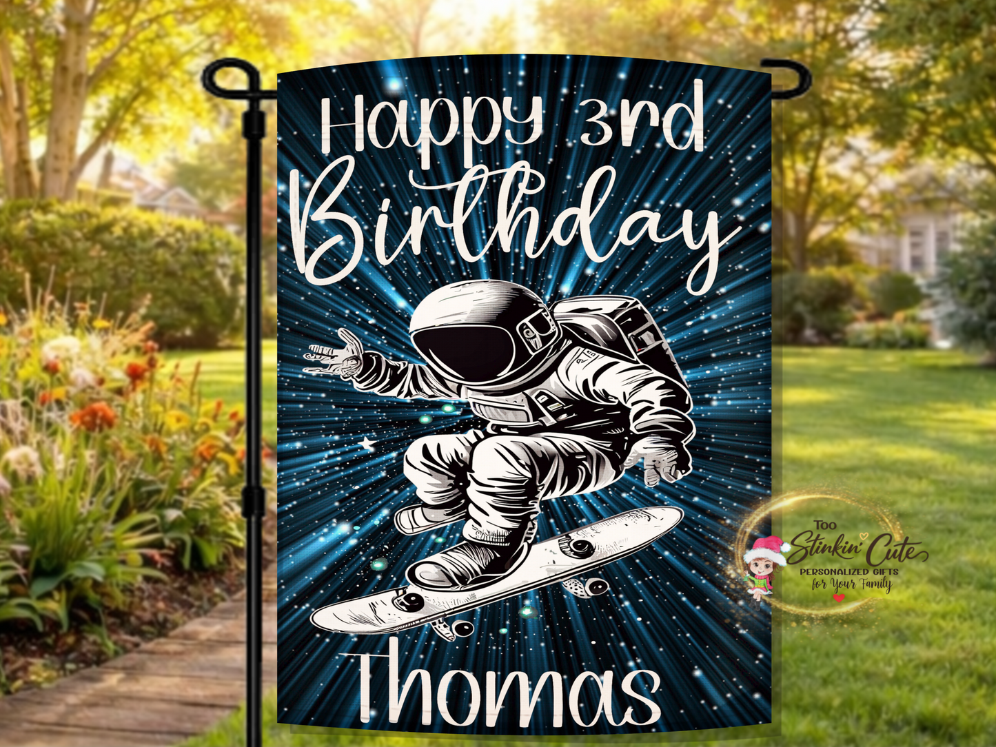 Custom kids birthday garden flag with astronaut space design and personalized name