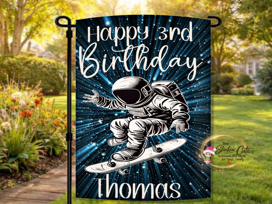 Custom kids birthday garden flag with astronaut space design and personalized name