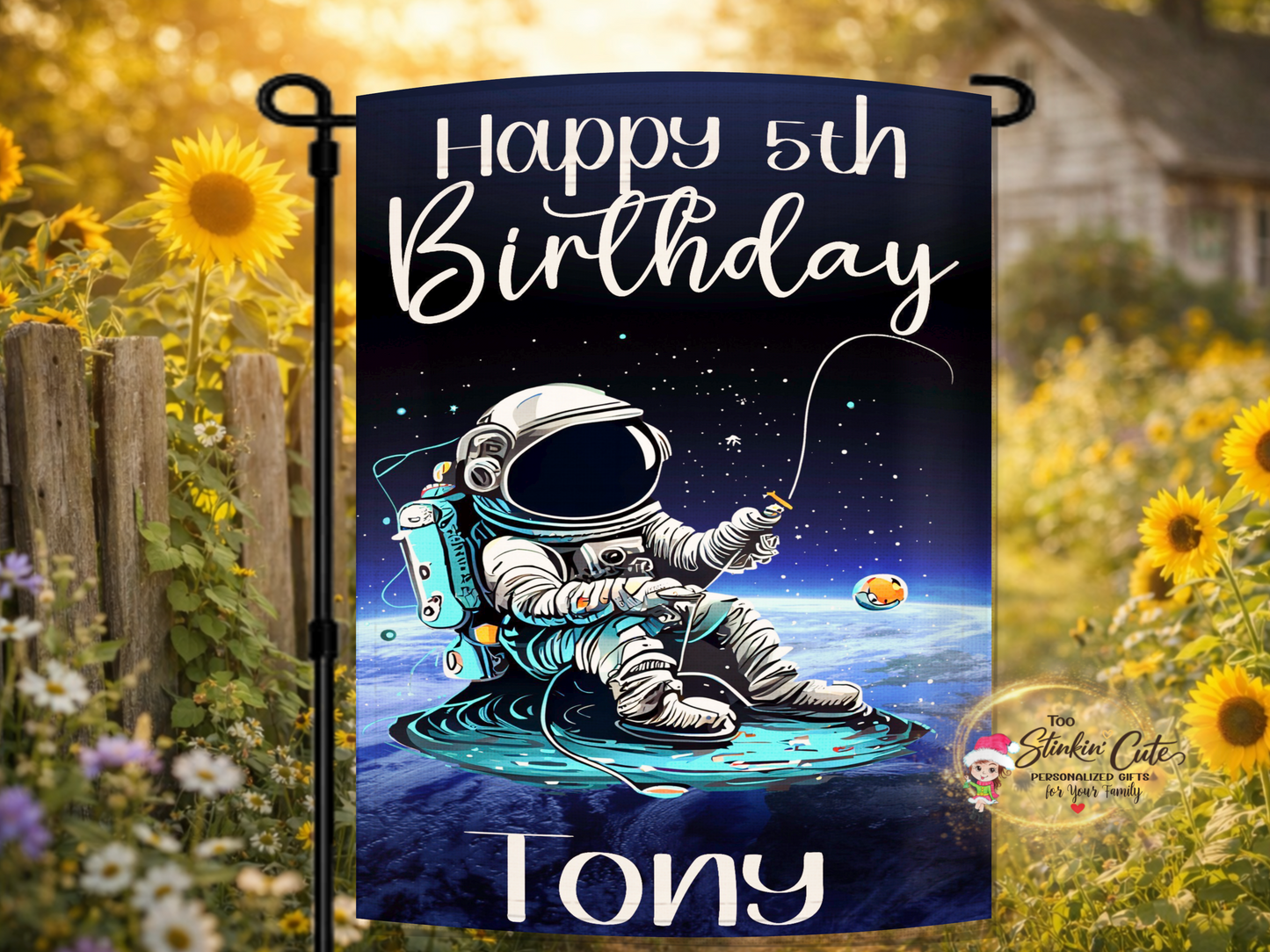 Personalized birthday flag with space explorer floating above Earth