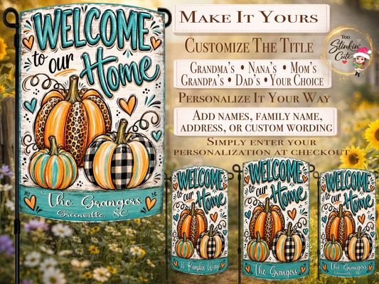 Custom family name and hometown garden flag featuring orange, turquoise, leopard-print, and plaid pumpkins.