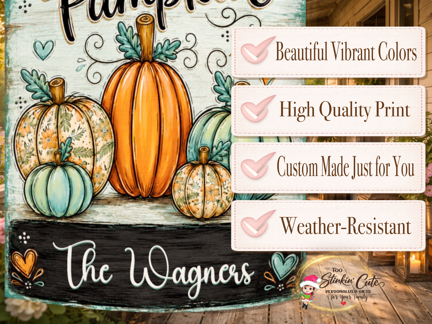Turquoise and orange pumpkin garden flag featuring floral patterns, fall colors, and custom family wording.