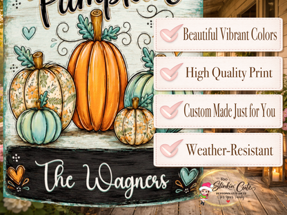 Turquoise and orange pumpkin garden flag featuring floral patterns, fall colors, and custom family wording.