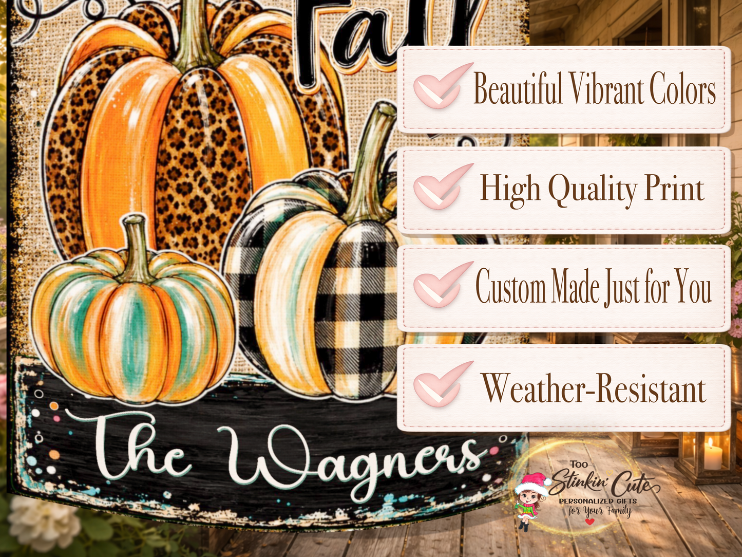 Personalized autumn garden flag with trendy patterned pumpkins against a rustic burlap-inspired background.