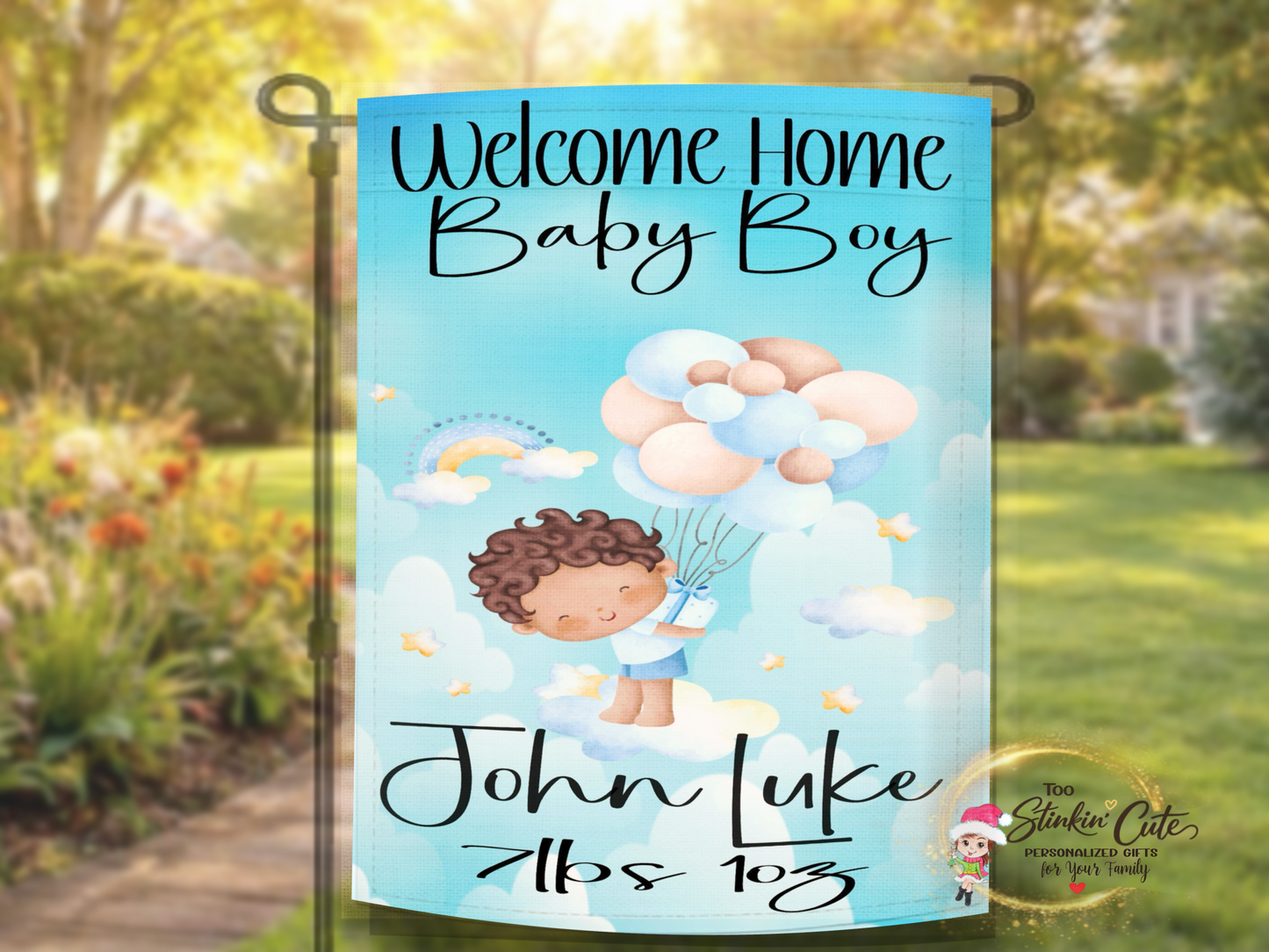 Personalized welcome home baby boy yard décor with whimsical nursery artwork