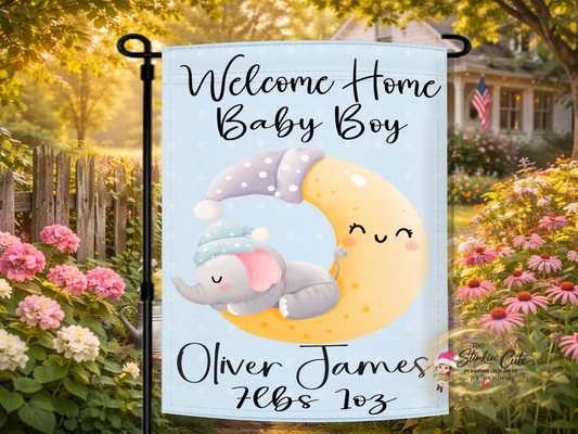 Personalized welcome home baby boy garden flag with sleeping elephant on moon