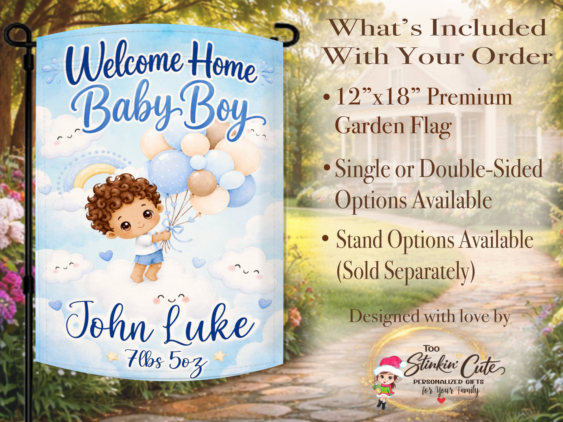 Baby boy holding blue balloons on cloud garden flag