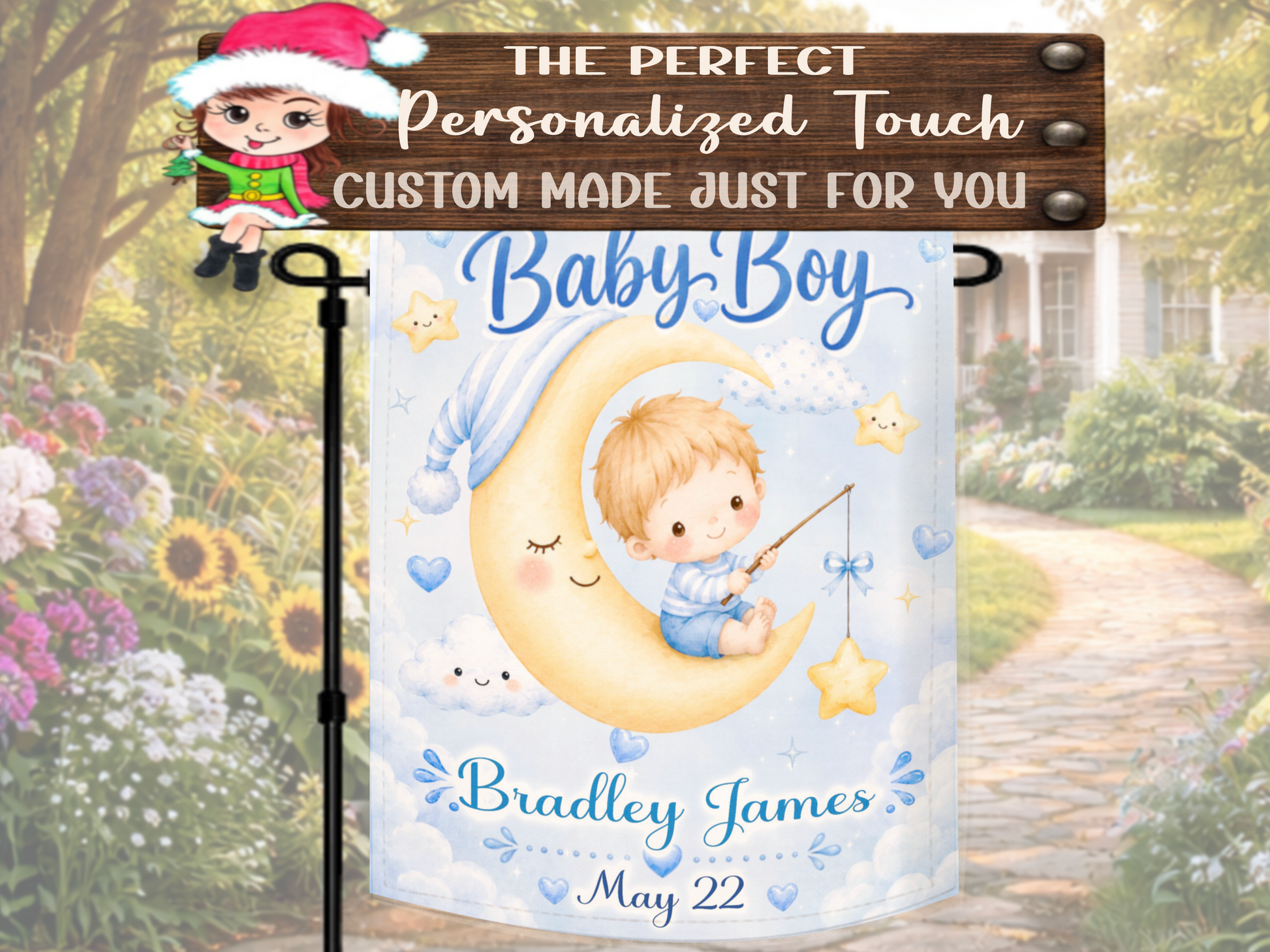 Fishing baby moon porch flag with custom birth details