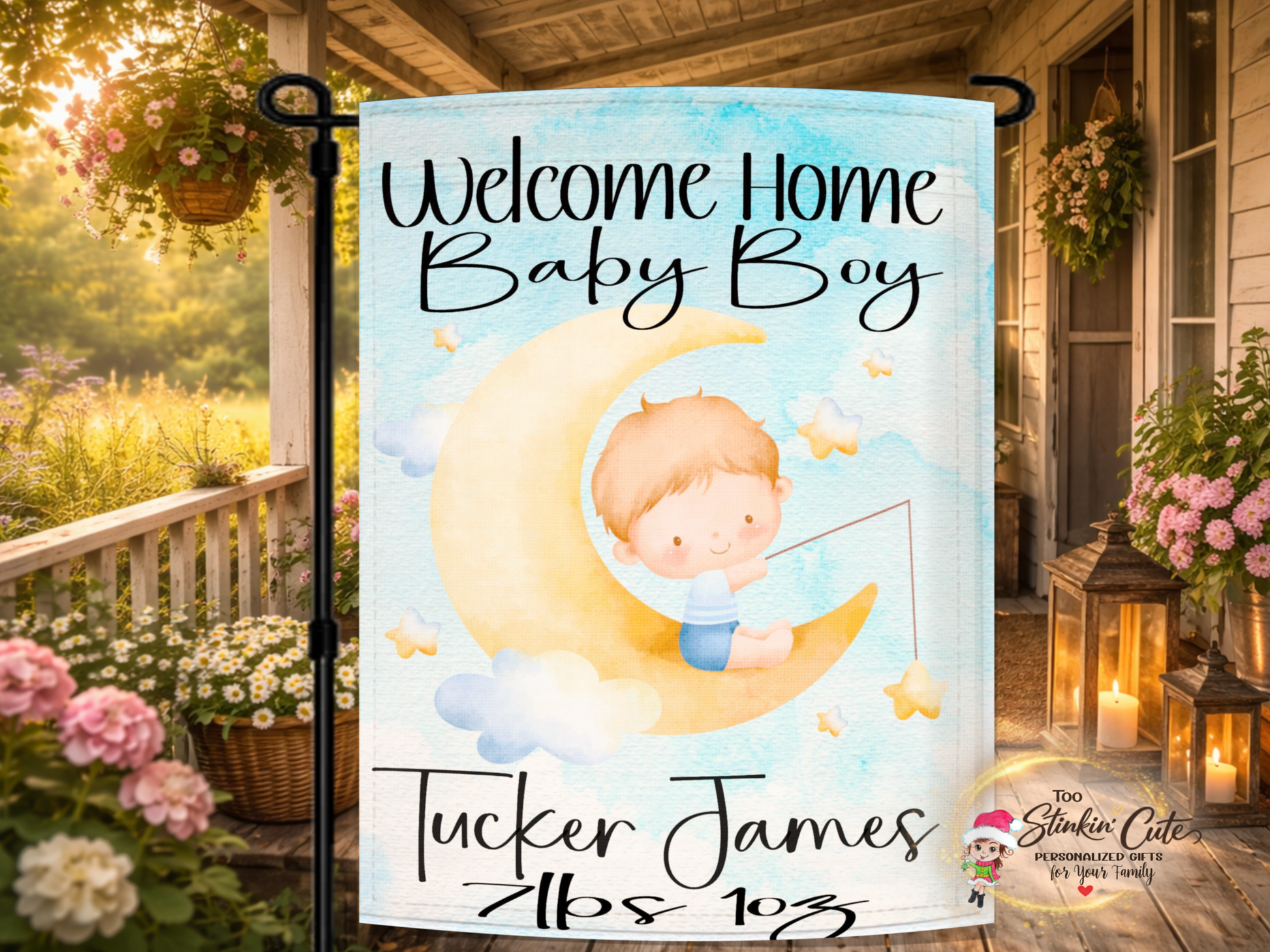 Personalized baby boy moon and stars garden flag with newborn name and birth weight details