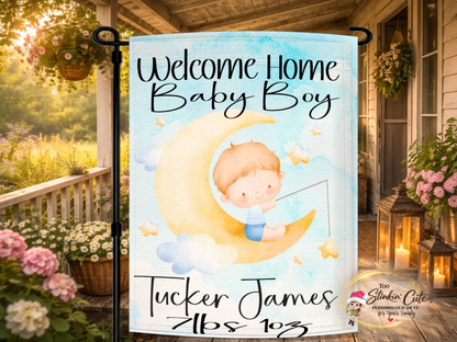 Personalized baby boy moon and stars garden flag with newborn name and birth weight details