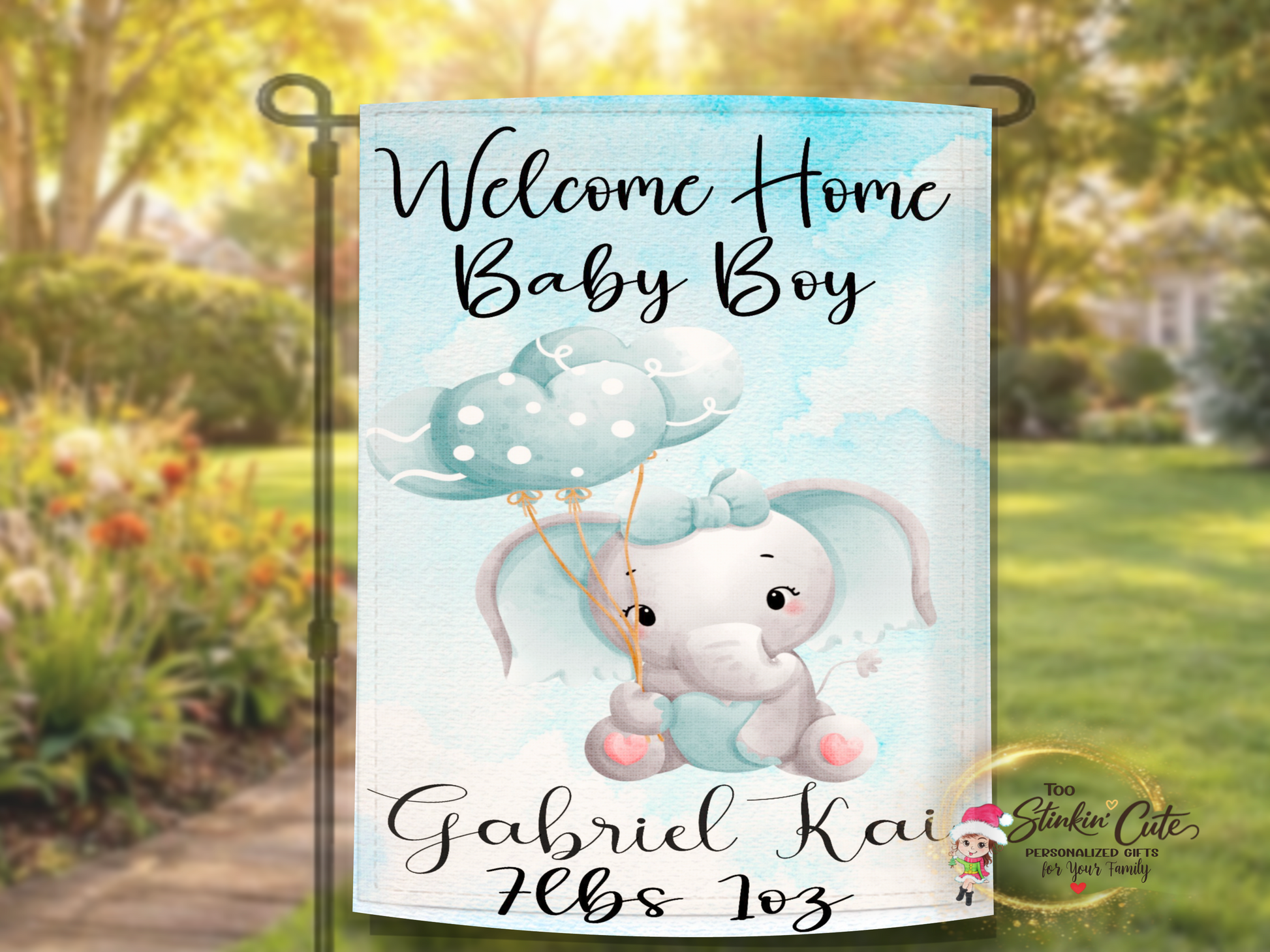 Personalized elephant baby announcement flag for newborn baby boy