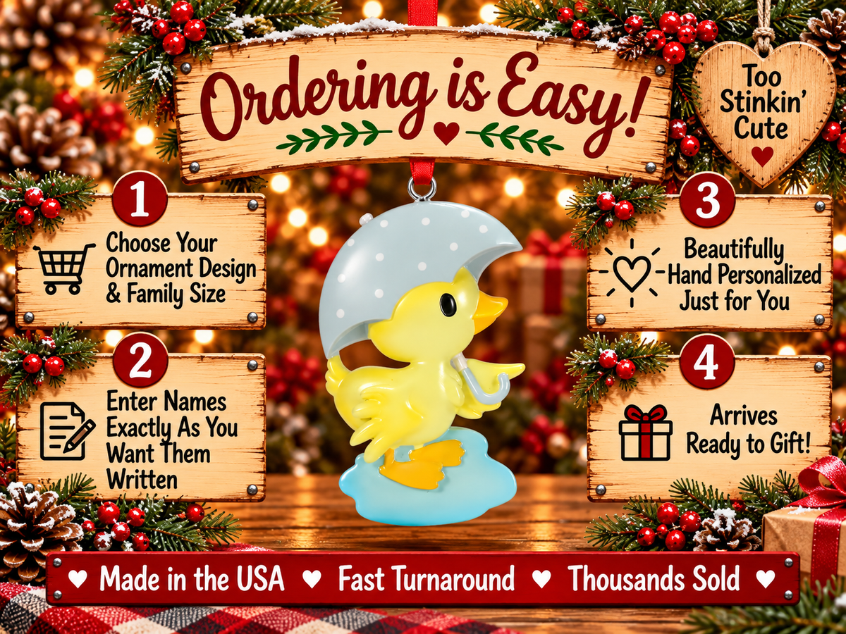 Personalized yellow ducky ornament featuring hand-personalized details and meaningful Christmas gift benefits