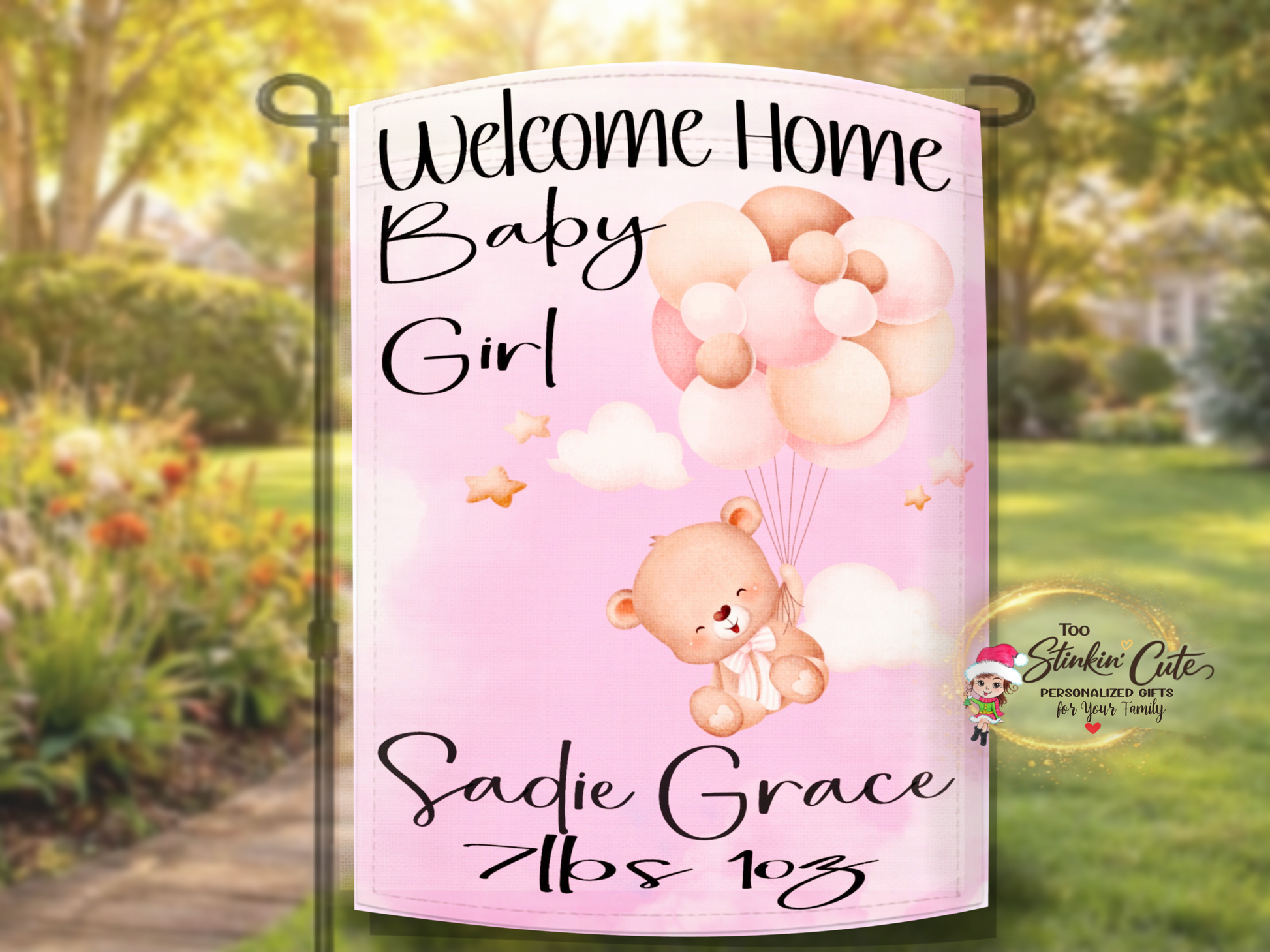 Baby girl garden flag with balloon bear artwork and custom baby details