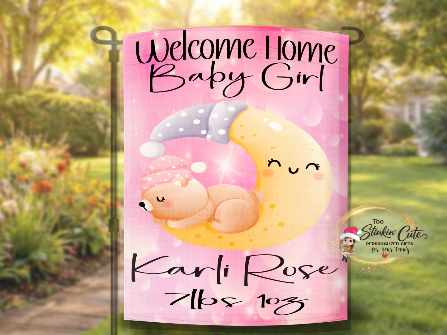 Baby girl garden flag with sleeping bear moon design and custom details