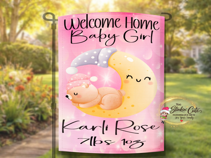 Baby girl garden flag with sleeping bear moon design and custom details